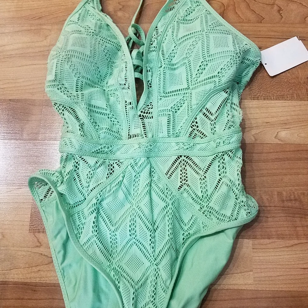 BECCA ONE PIECE SWIMSUIT MESH CROCHET MINT GREEN  XL